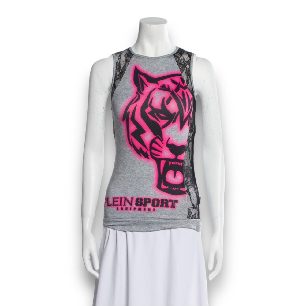 PLEIN SPORT 78  Luxury Gray Silver Pink Black Lace Keyhole Back Tank Top L